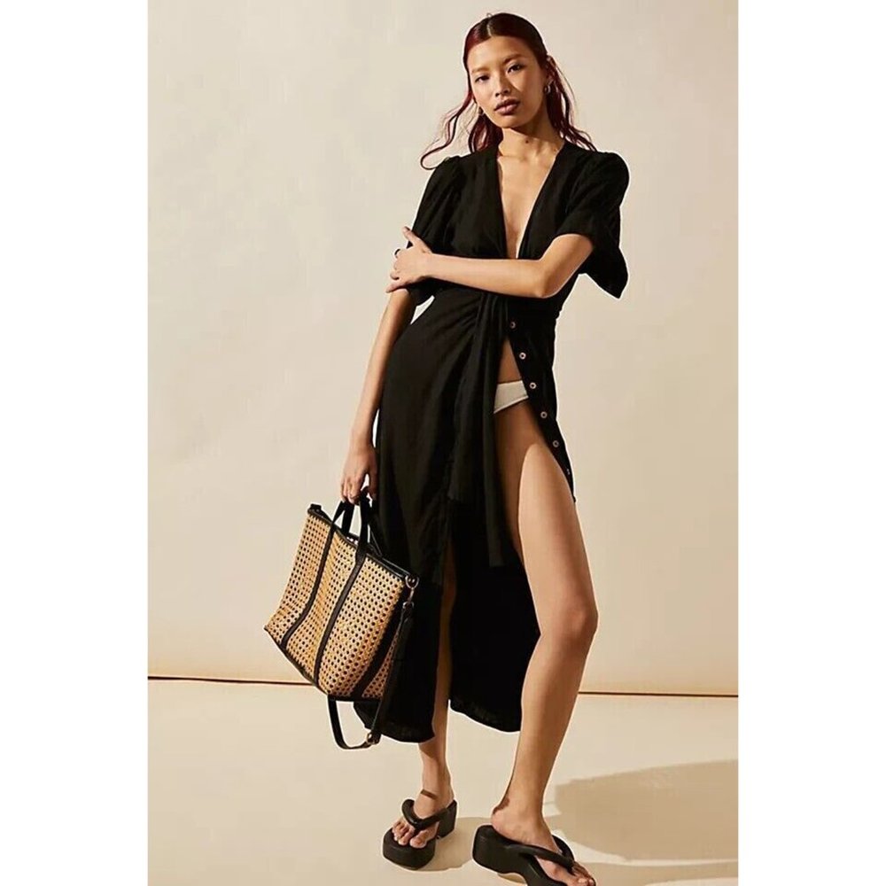 Free People Free-est Vintage Summer Midi Dress Buttondown Black Ruched